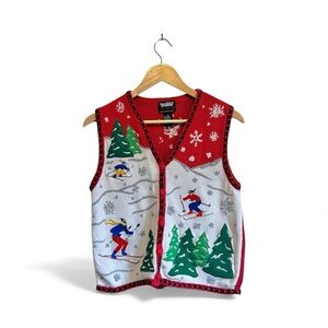 Studio Red and White Embroidered Skiing Theme Festive Vest Size M
